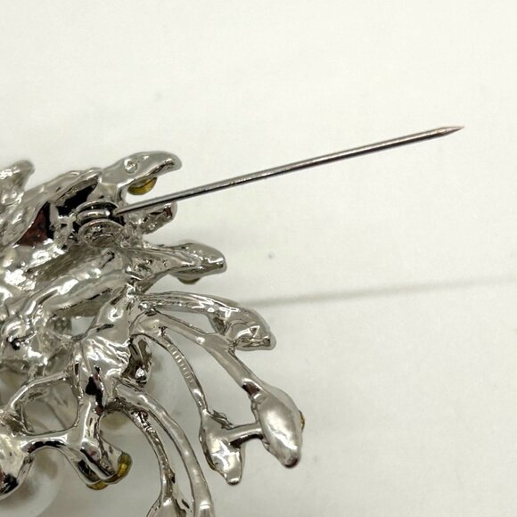 Faux Pearl & Rhinestone Brooch Silver-tone Floral Pin Glam Elegant - Picture 11 of 15